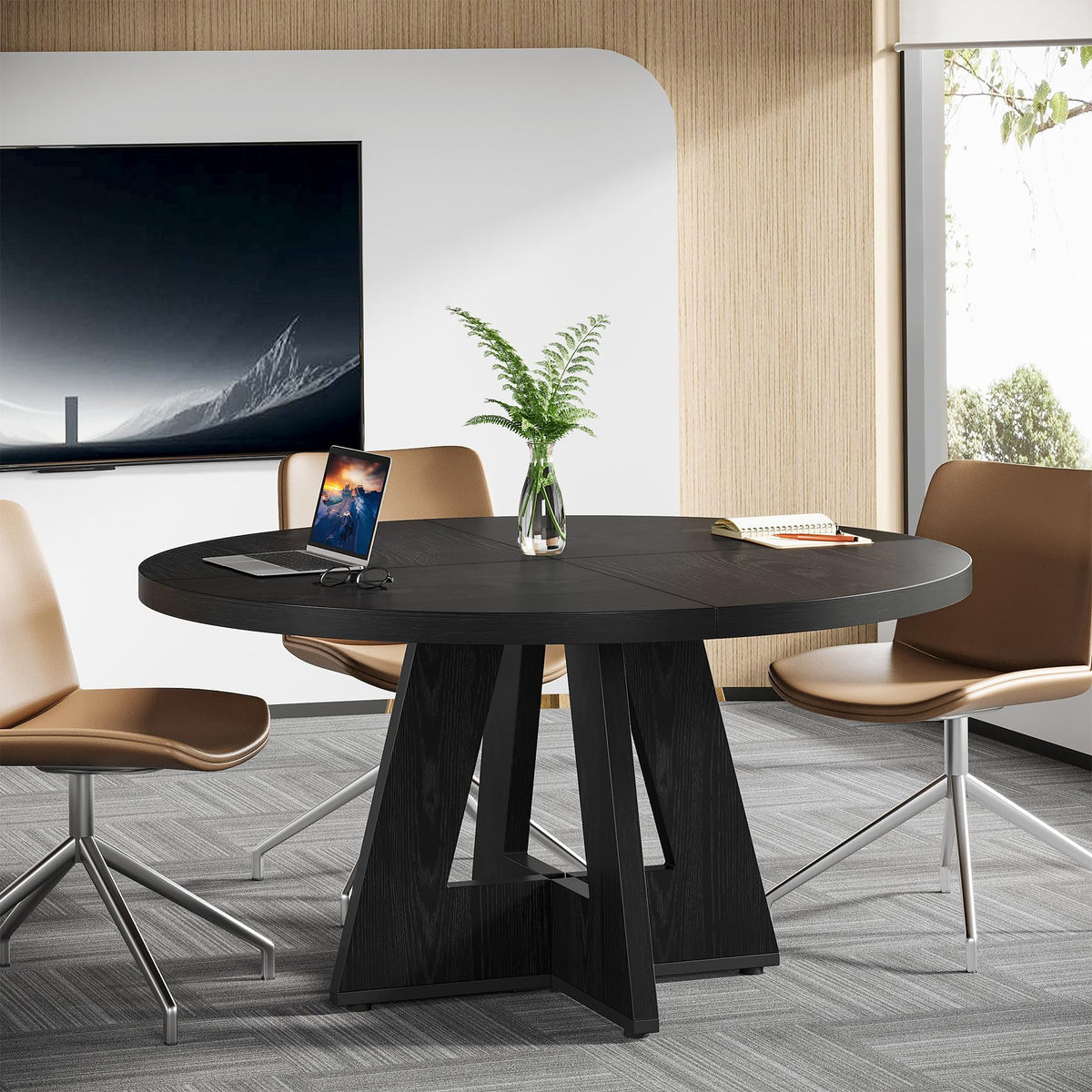 Tribesigns 47-Inch Round Conference Table for 4-6 People, Wooden Meeting Room Table with Thicken Tabletop and Wood Base (Black)