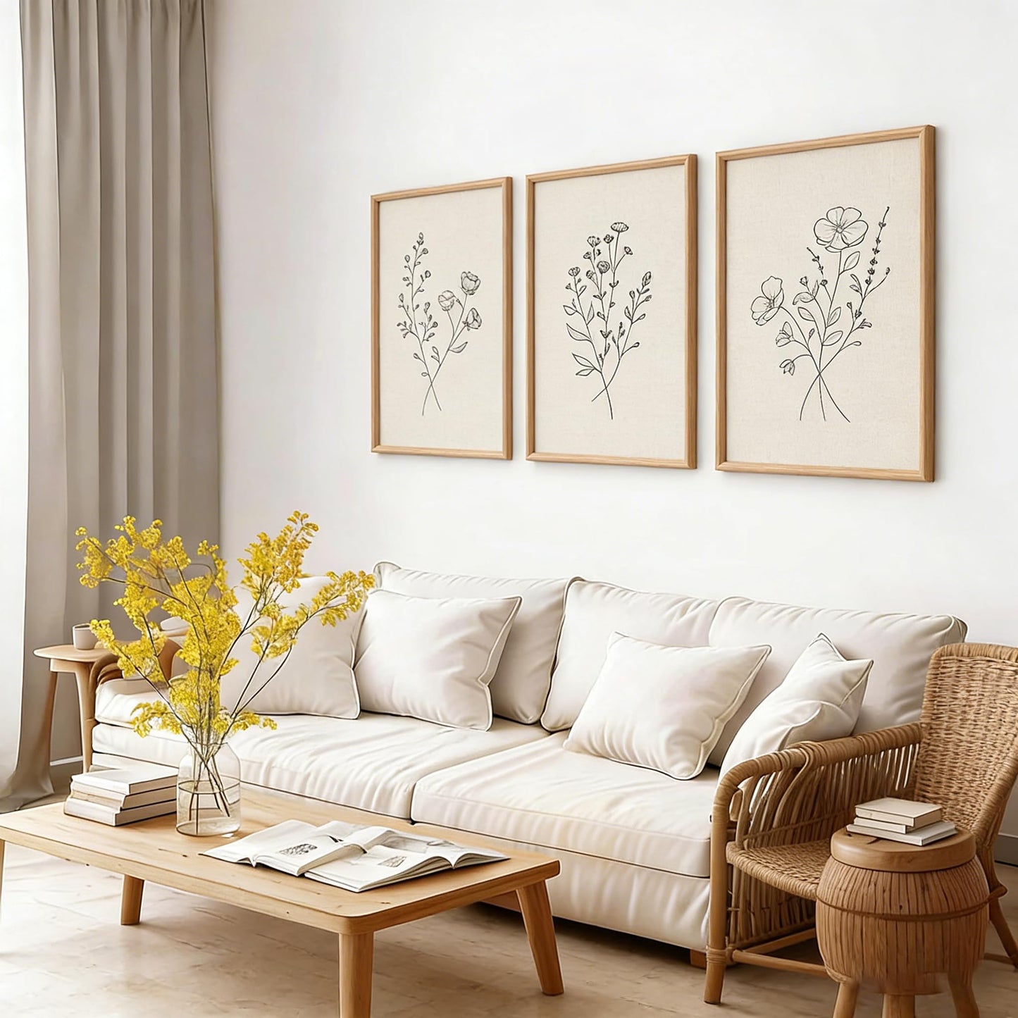 3Pcs Flower Line Canvas Wall Art Neutral Botanical Black and White Flower Painting Picture Wall Decor Minimalist Plant Poster Print Artwork for Living Room Bedroom Office Home Decoration Unframed