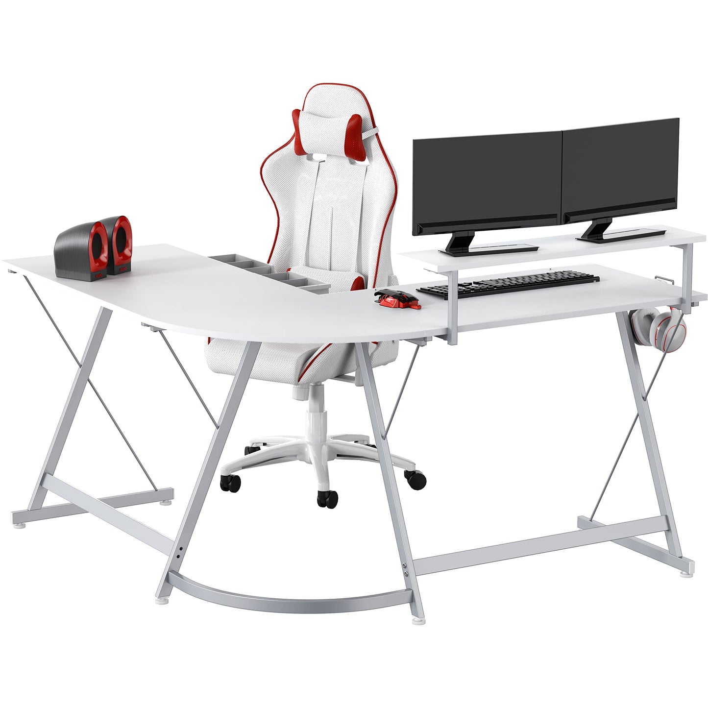 SHW 51 x 51 Inches Vista L-Shaped Desk with Monitor Stand and Drawer, White