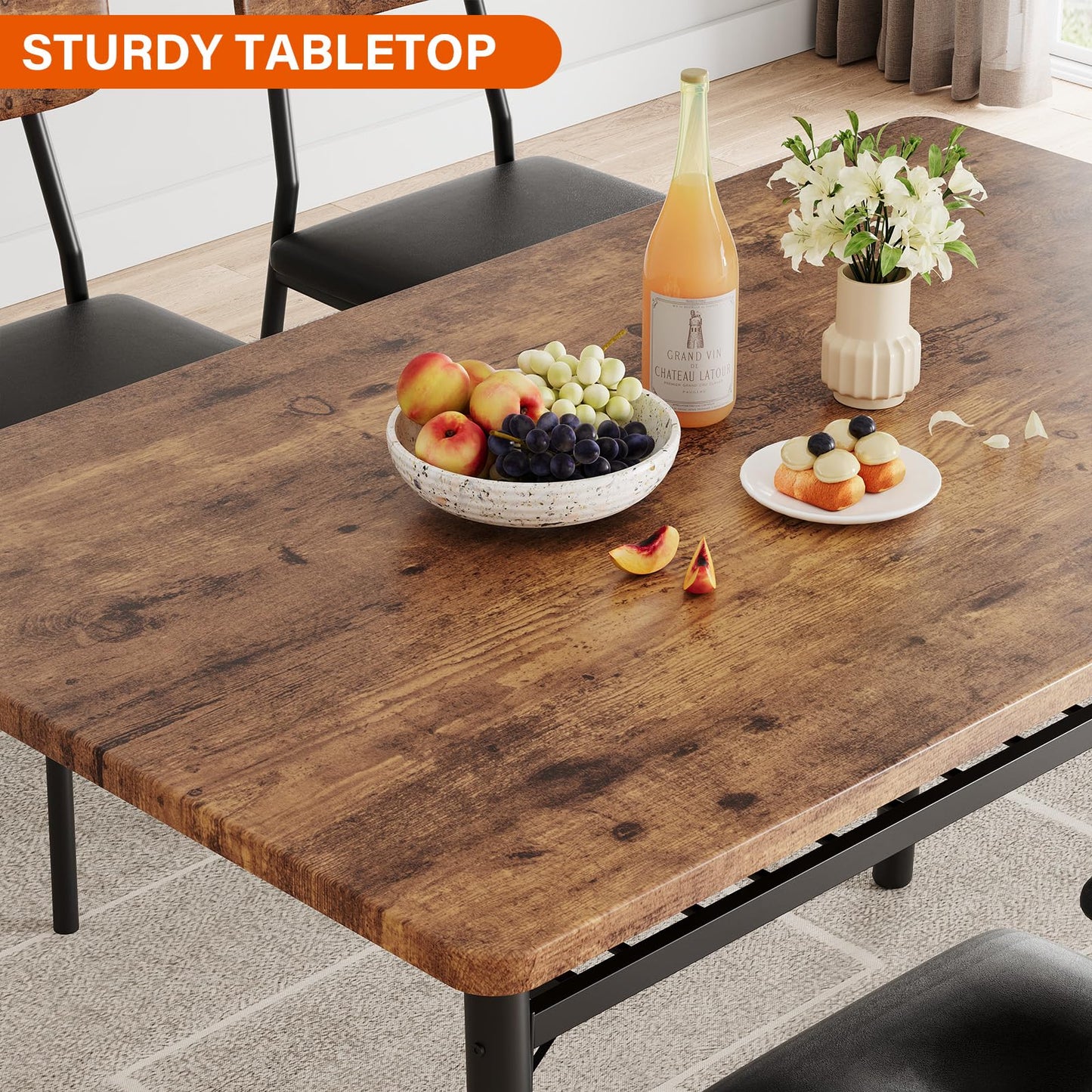 IDEALHOUSE Dining Table Set for 4 with Storage Rack, 5-Piece Kitchen Table and Upholstered Chairs of 4, Wood Tabletop & Heavy-Duty Metel Frame, Dining Room Set for Small Space, Apartment, Brown
