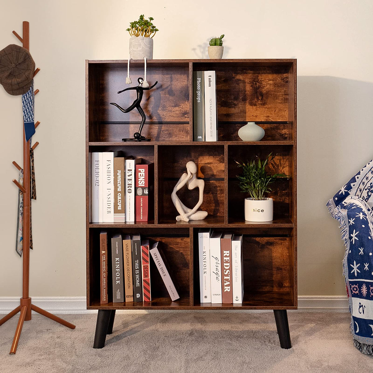 LEYAOYAO Cube Bookshelf 3 Tier Mid-Century Rustic Brown Modern Bookcase with Legs,Retro Wood Bookshelves Storage Organizer Shelf,Freestanding Open Book Shelves for Bedroom,Living Room,Office