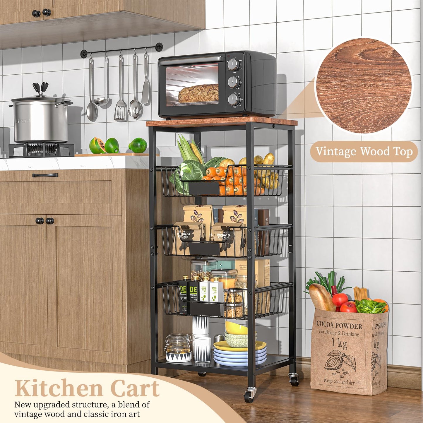 Hastatii Kitchen Storage Cart, Kitchen Basket, 5-Tier Utility Organizer with Baskets and Wood Top, Rolling Snack Cart with Wheels, Metal Black