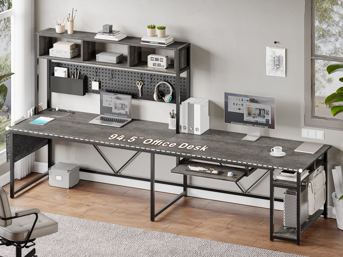 SEDETA L Shaped Desk, 94.5 Inch Home Office Desk with Power Outlet & Pegboard, L Shaped Gaming Desk with LED Light, Keyboard Tray, Storage Shelves and Headphone Hook for Home Office, Grey
