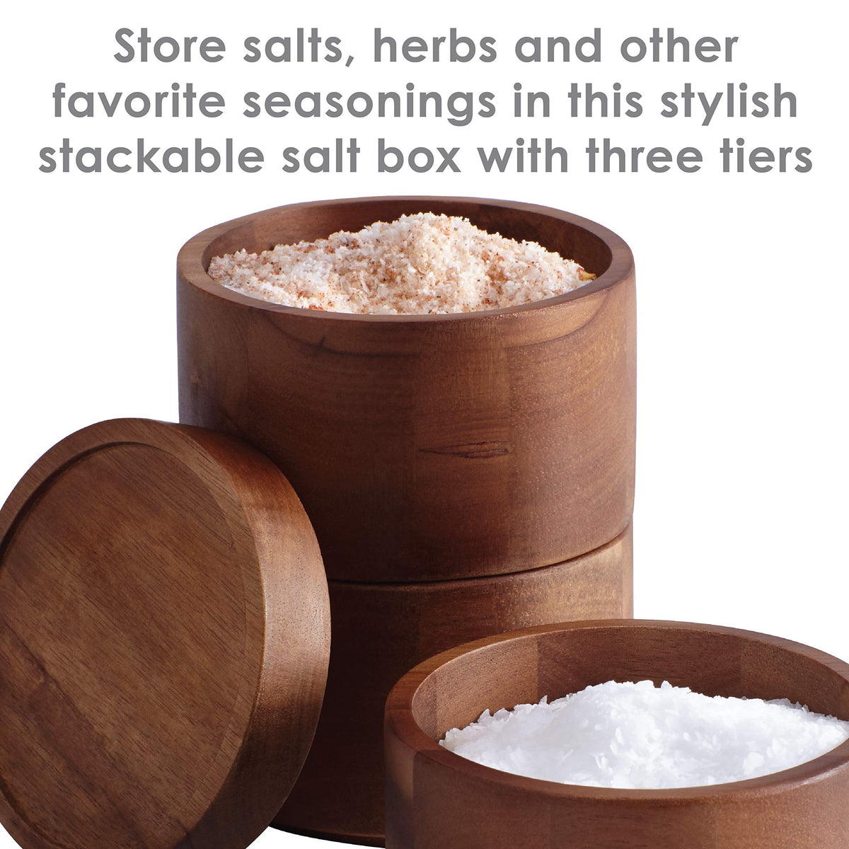 Rachael Ray Pantryware Wood Salt Cellar Stacking Set / Wood Salt Box Stacking Set3 piece, Brown