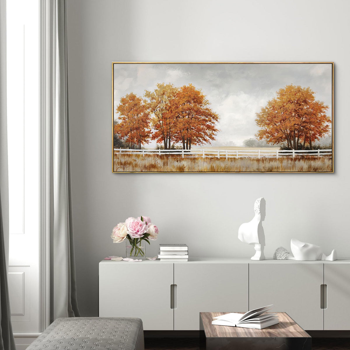 yiijeah Orange Wall Art - Large Canvas Living Room Wall Decor Fall Burnt Orange Tree Picture Ruict Landscape Poster Framed Artwork for Bedroom Office Home Decoration 48x24