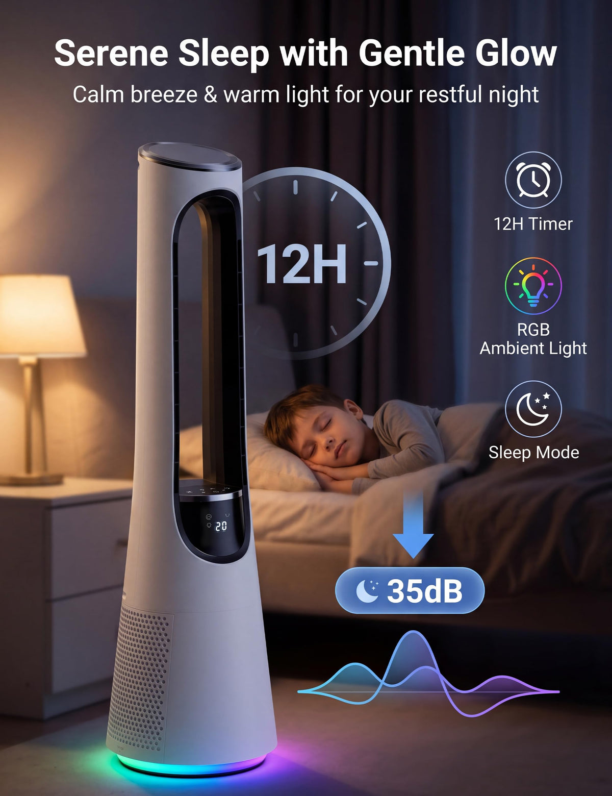 MEPTY 38" Bladeless Tower Fan for Bedroom,Standing Fan with 5-Color LED,120°Adjustable Oscillating,20 Speeds & 4 Modes,Quiet DC Motor,Cooling Fan for Home Office Use