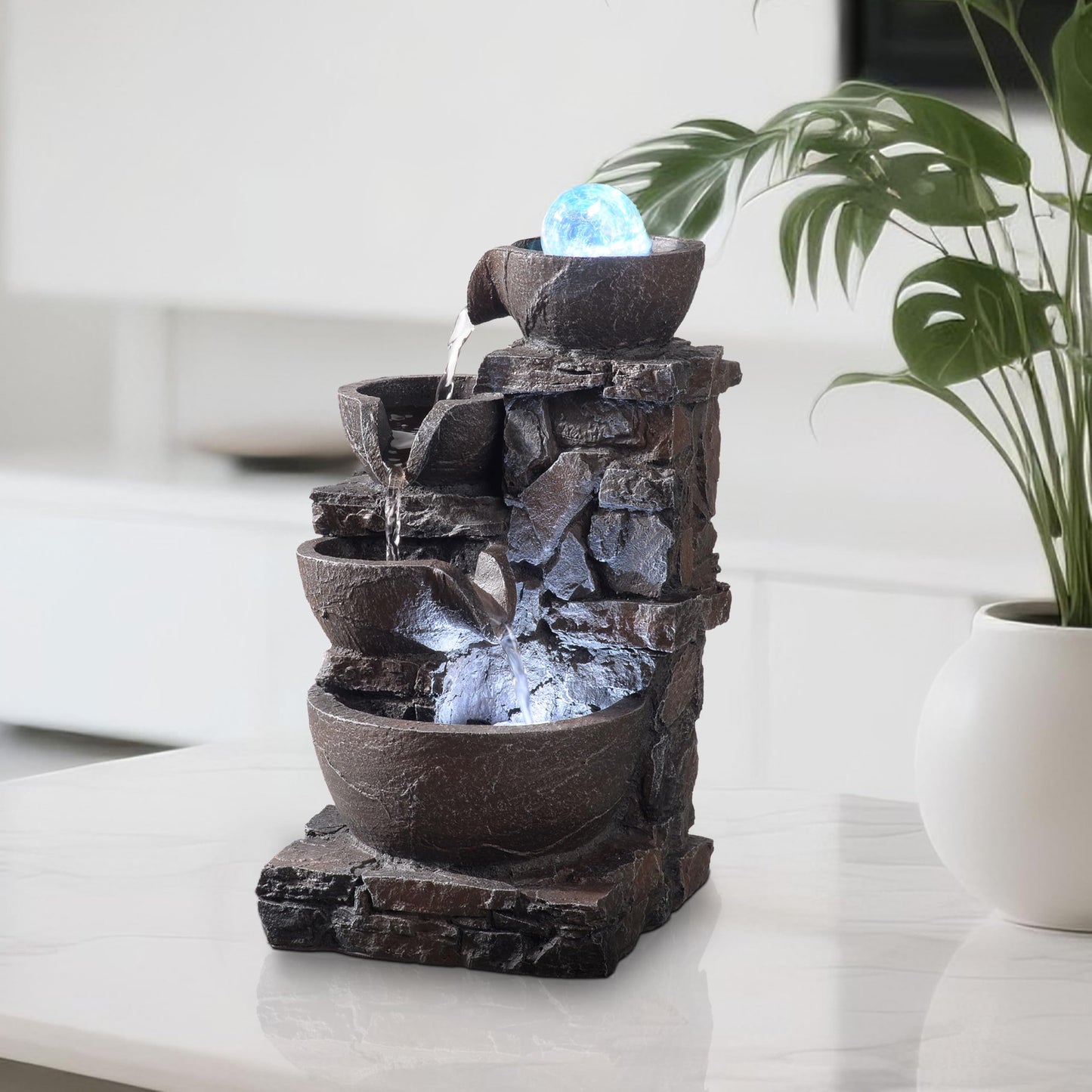 MSEONWXI Indoor Tabletop Fountain with 4-Tier Stone Bowls, Rolling Crystal Ball & LED Lights – Tranquil Waterfall Decor for Home, Office or Zen Space (23066)