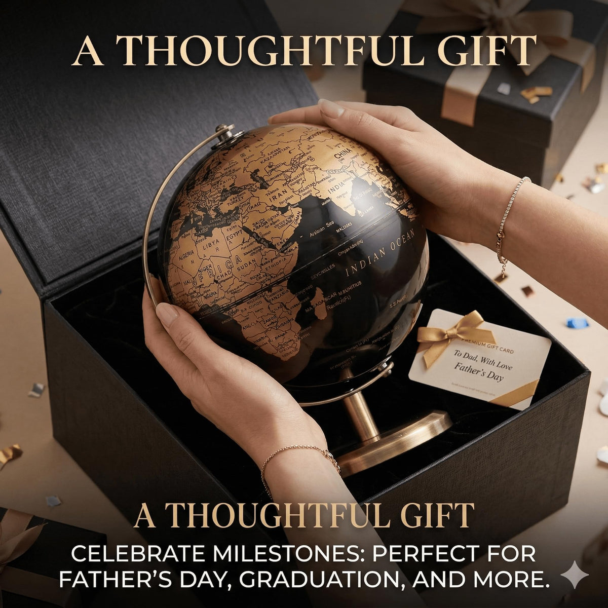 JOINPAYA 6 Inch Small World Globe with Antique Bronze Stand Black Gold Earth Desktop Decor for Kids & Adults Geography Learning Globe for Home Office Classroom