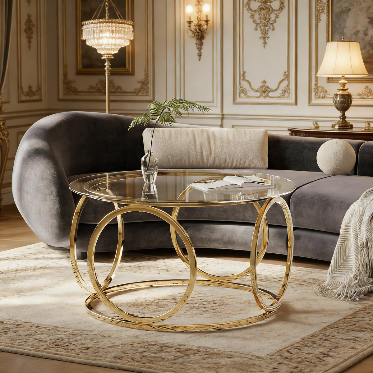 GDFStudio 31.5" Luxury Round Coffee Table with Circular Metal Frame, Tempered Glass Top Modern Coffee Table, Small Round Center Table for Living Room Small Space Office Lounge, Easy Assembly, Gold