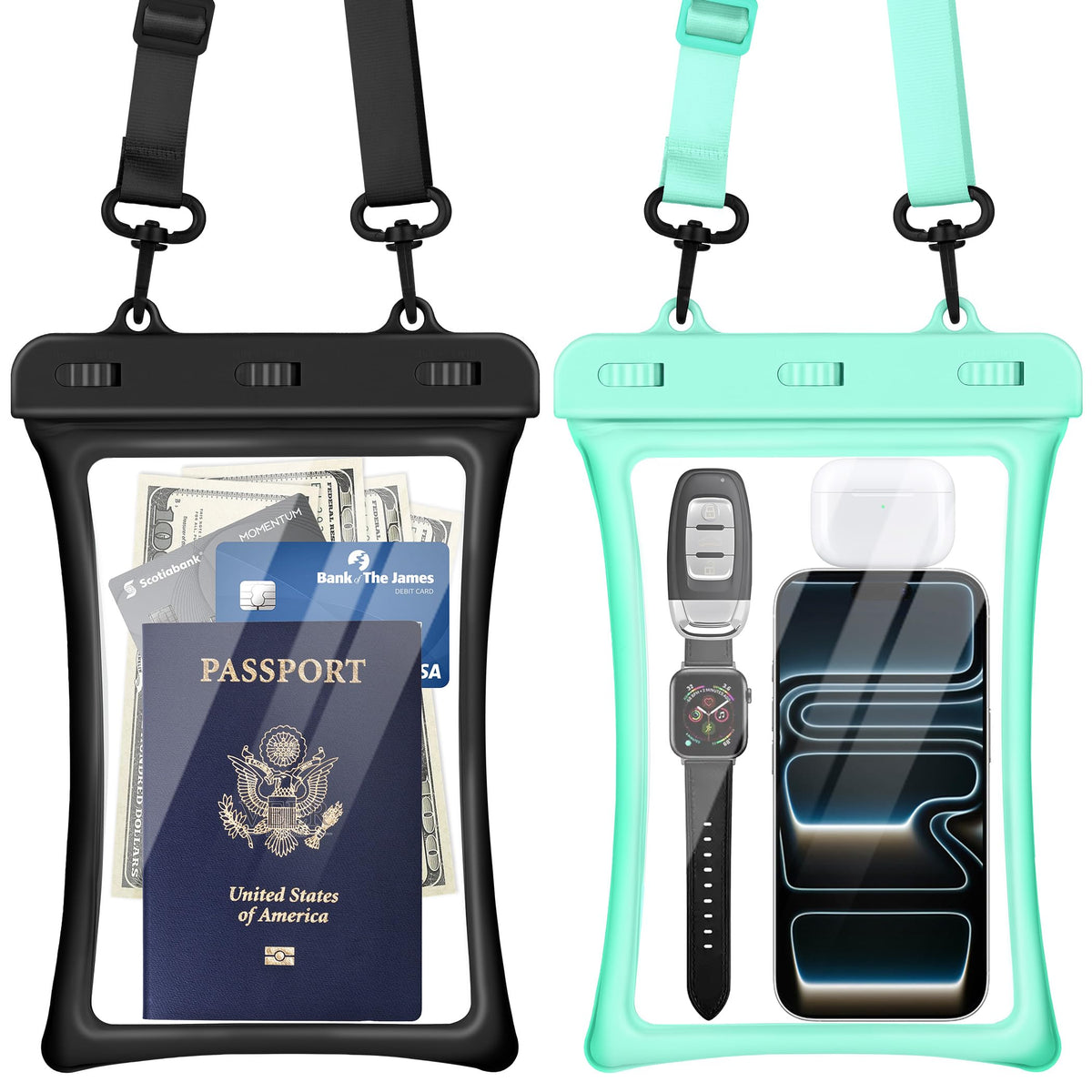 CACOE [Floatable Floating Universal IPX8 Waterproof Phone case 2 Pack-Up to 10.0",Adjustable Lanyard Phone Pouch,Cellphone Dry Bags for Vacation Beach Pool Kayak Cruise Travel Essentials（Black+Green）