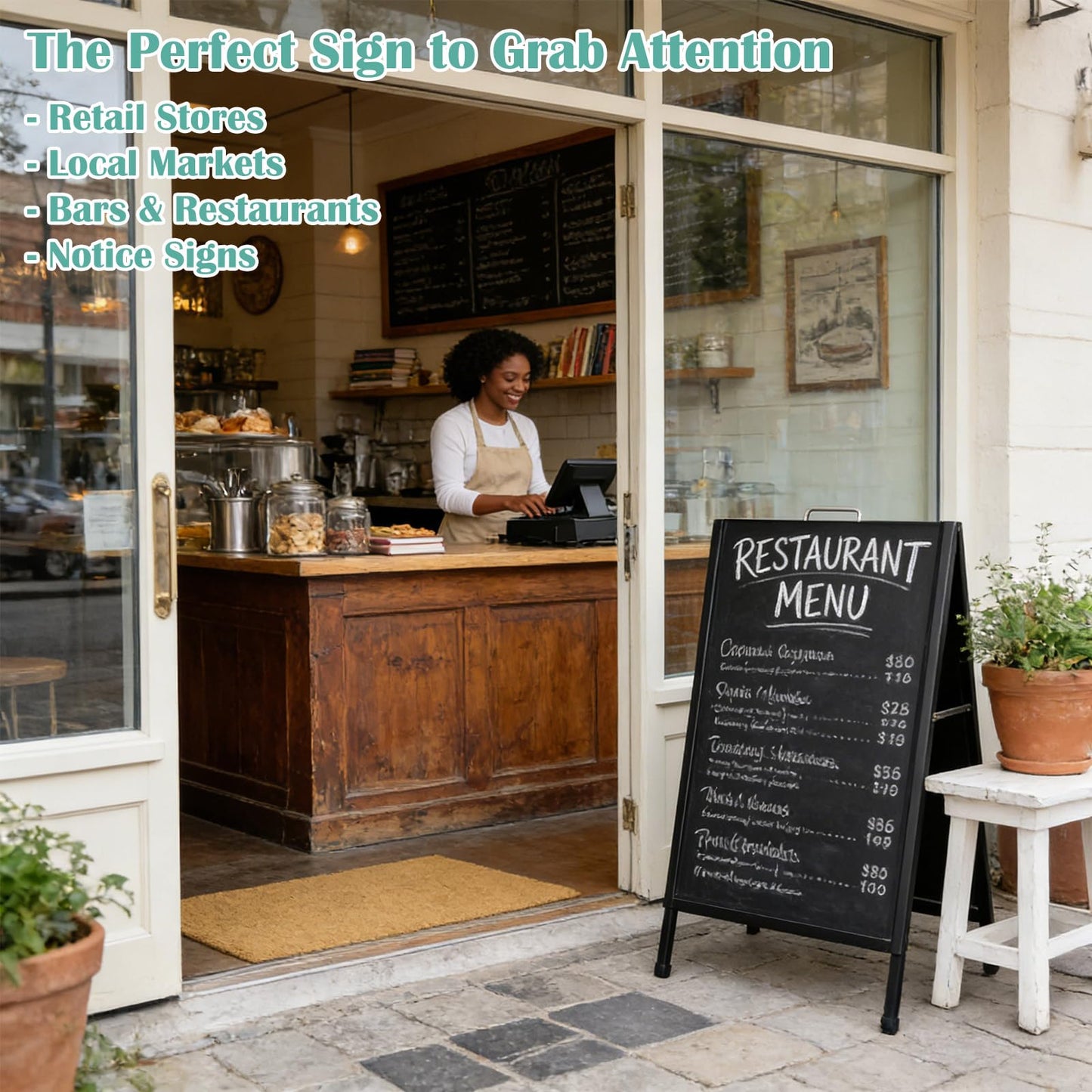 4 Pack 24x36 Inch A-Frame Sandwich Board Signs, Double-Sided Sidewalk Signs, Heavy Duty Sidewalk Signboard with Carry Handles, Frame Only for Outdoor Use