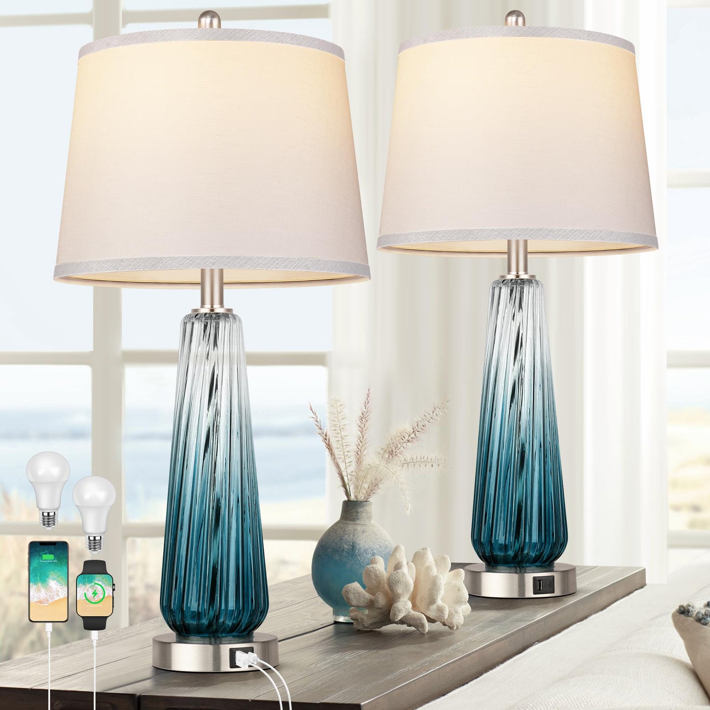 Table Lamps Set of 2 with Touch Control, Modern Glass Bedside Lamps with USB A+C Ports, 3-Way Dimmable Nightstand Lamp with White Fabric Shade, 27.5" Large Lamps for Living Room Bedrooms Decorations