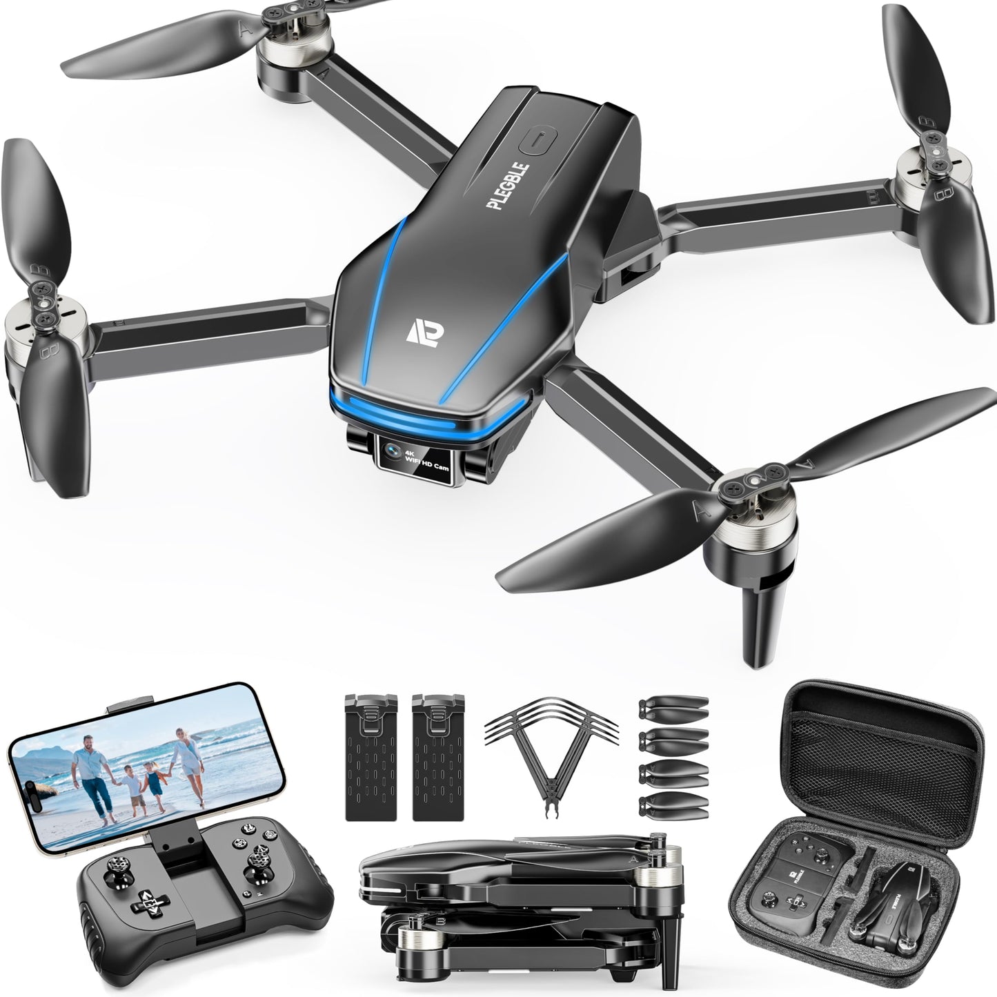 PLEGBLE Drone with Camera 4K for Kids Adults, Brushless Motor Mini Foldable RC Drones with Propeller Guards for Beginners, One Key Take Off/Land, Voice Control, Anti-Lost Alarm, Gift Toys for Men Boys
