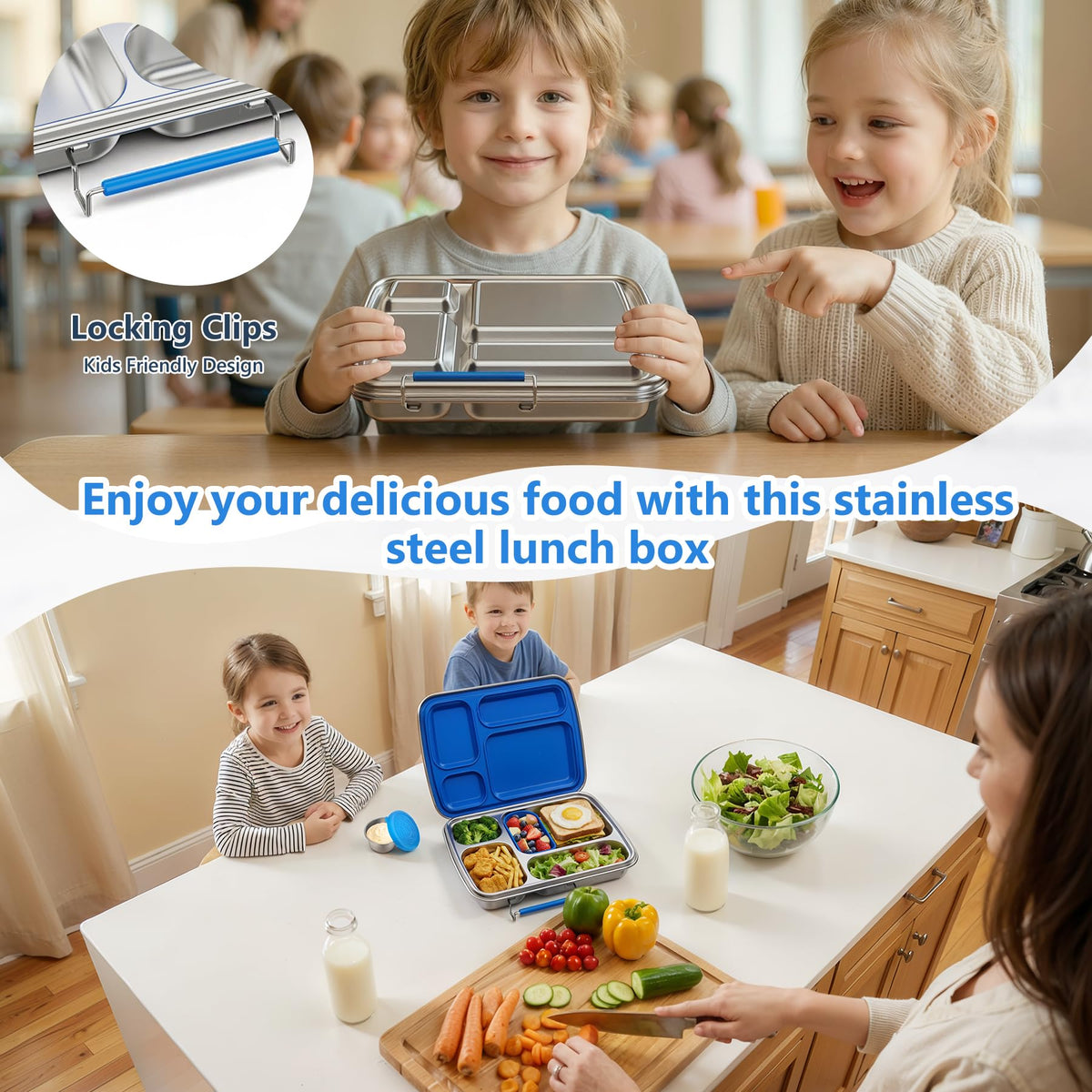 Zeekala Stainless Steel Bento Lunch Box for Kids & Adults, 4 Compartment Kids Lunch Box, Metal Bento Box with Silicone Container and Stainless Steel Sauce Container,BPA-Free,School,Office(Blue)