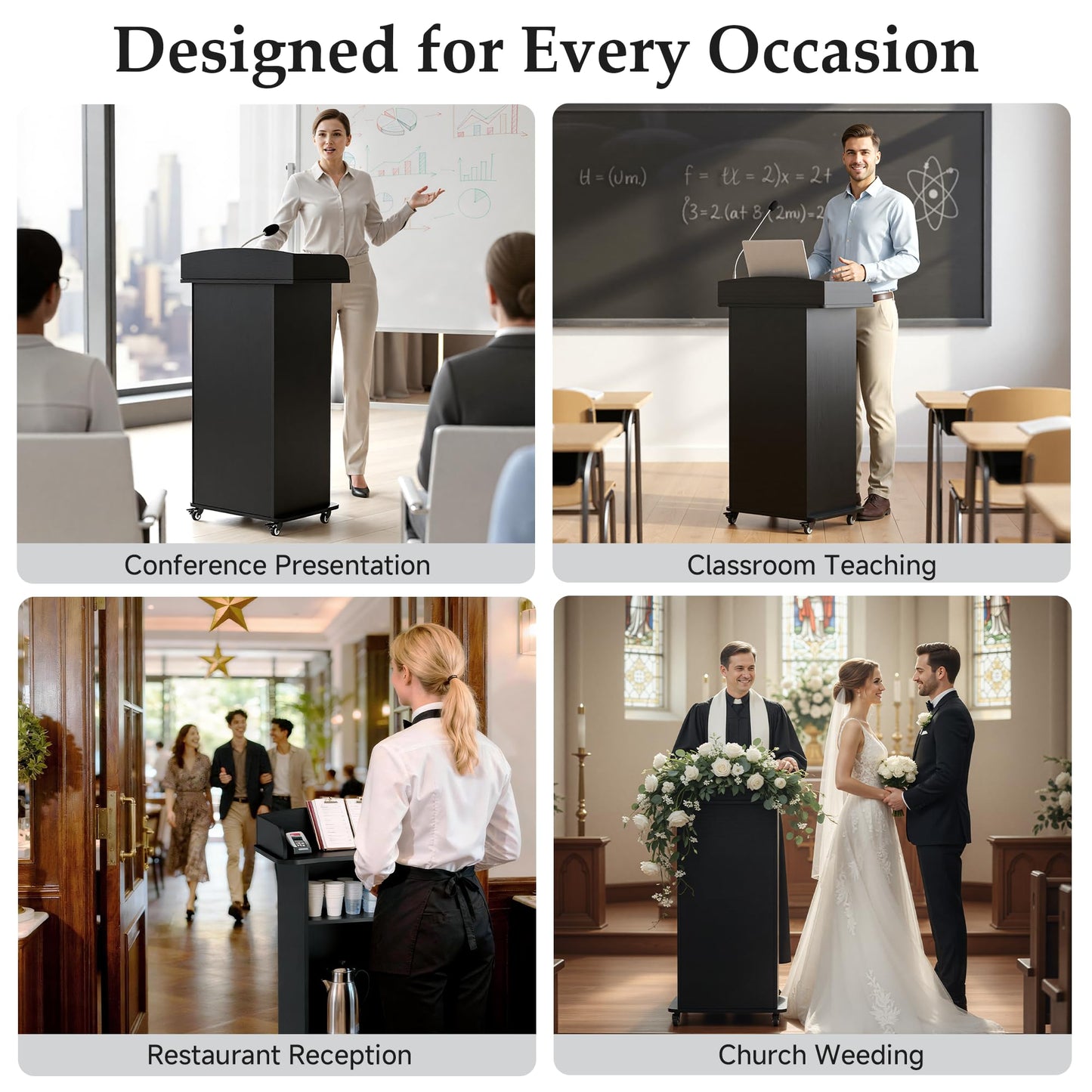 Suuiwau Portable Podium Stand with 4 Metal Wheels, Mobile Lectern Stand with Storage for Church Classroom Restaurant Reception Office Presentation, Wooden Pulpit Desk for Hostess Teacher (Black)