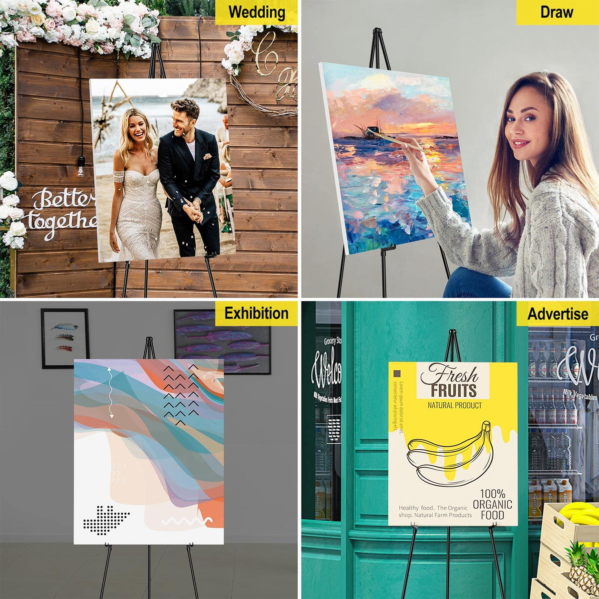 SunyesYoon Display Black Easel Stand for Wedding Sign, Artist Instant Tripod Collapsible Portable Floor Easel for Posters, 63" Adjustable Easy Folding Metal Stand for Display Show, Arts, Painting
