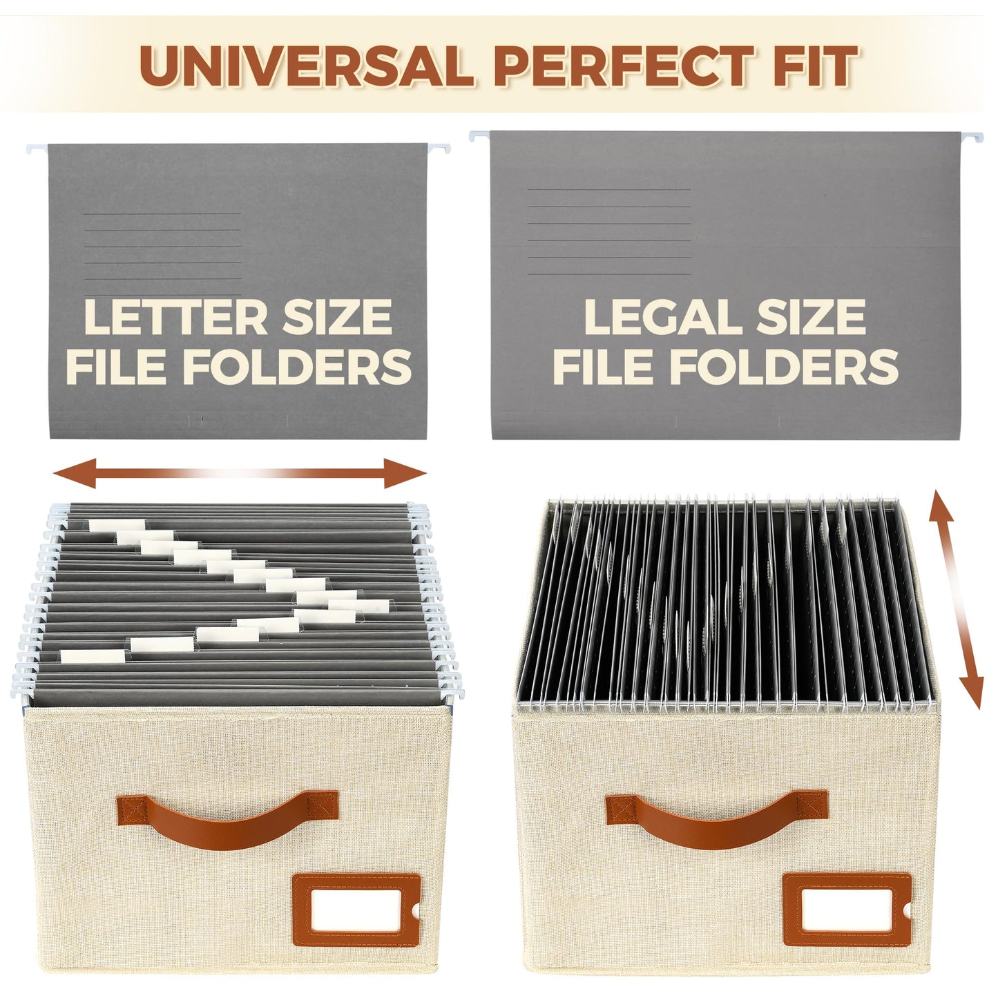 Storage Standard 2-Pack File Organizer Box with Lid - Collapsible Hanging Linen Document Organizer Portable File Boxes, Lightweight & Portable Filing Box Crates with Handles & Extras, Ivory