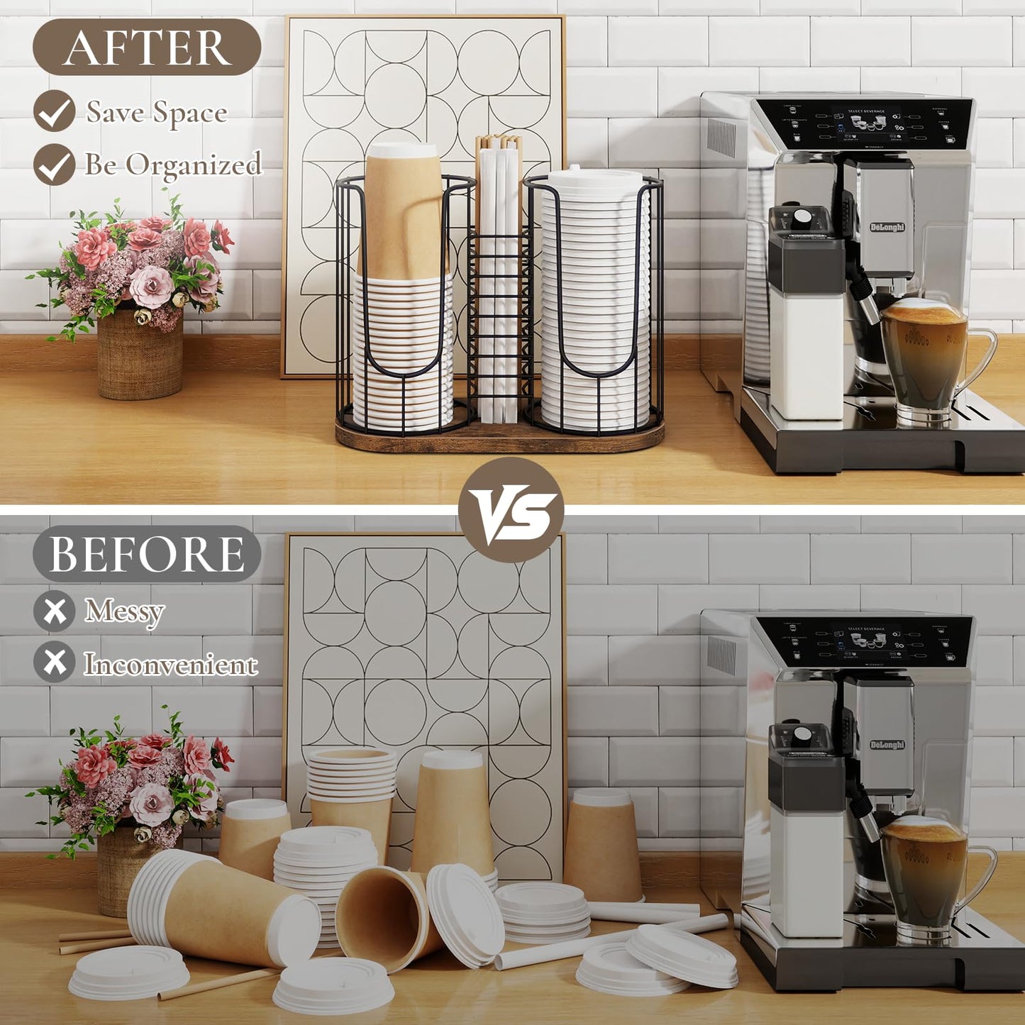 BCOZLUX Coffee Cup Holder 18oz 3-Compartment Paper Cup Dispenser Rack with Wood Base - Disposable Cup, Straw & Lid Organizer 3-in-1 Storage for Countertop, Coffee Bar, Kitchen, Office