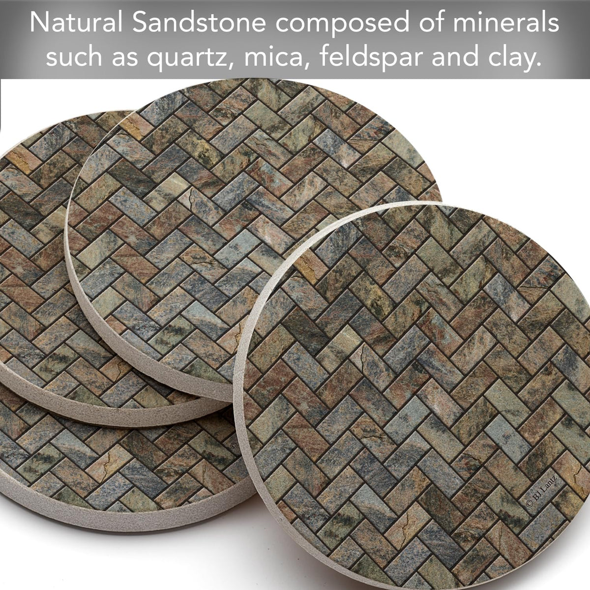 Thirstystone Stone Herringbone Pattern Natural Sandstone Coaster 4 Pack Eco-Friendly, Absorbent, Easily Wipes Clean