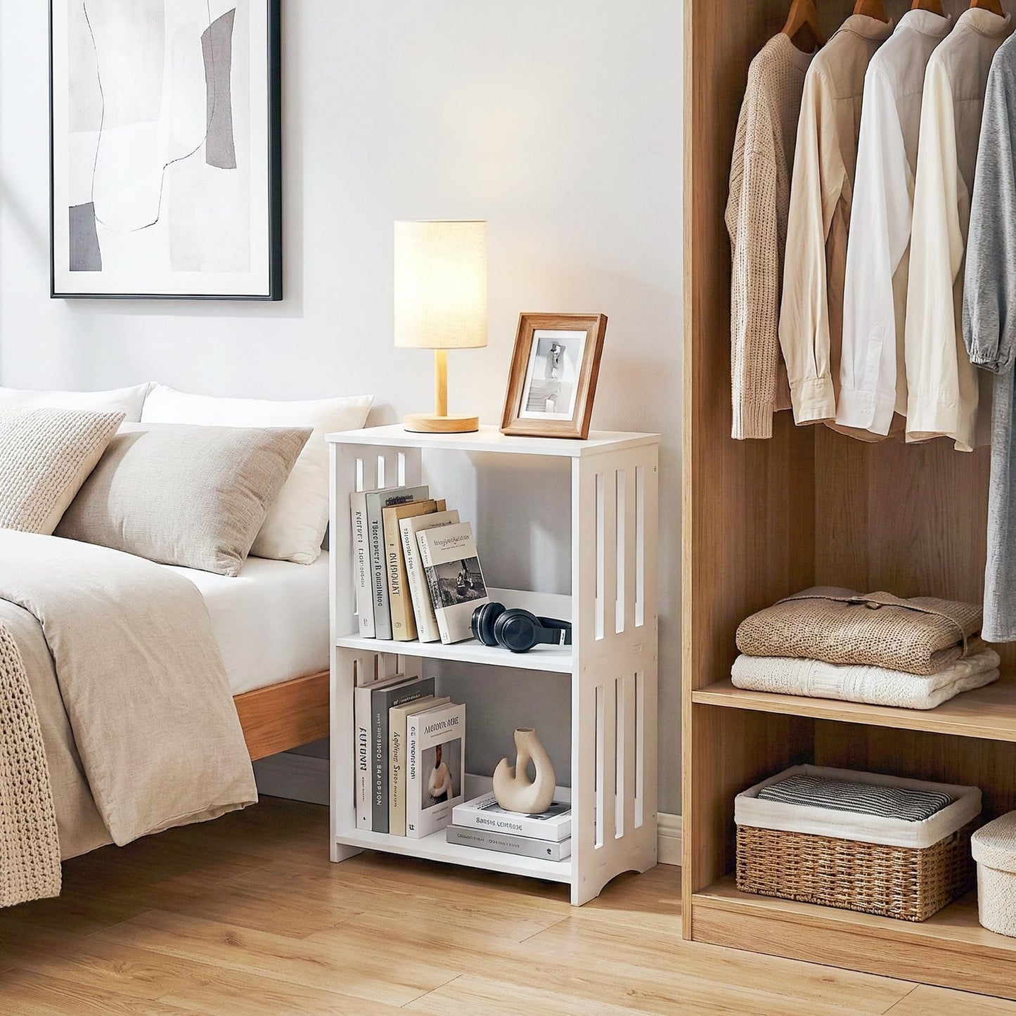 HAYOFAMY 3-Tier End Table Nightstand White, Narrow Side Table with Storage Shelf, Small Bookshelf Bedside Table for Bedroom, Living Room, Office, Bathroom