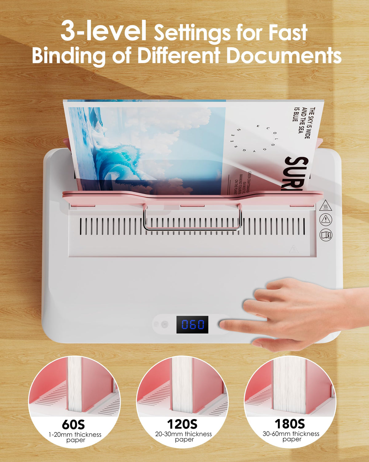 MAKEASY Pink Thermal Binding Machine 500 Sheets Capacity, Digital Touch Panel, Air Cooling, Electric Thermal Binder for A4//A5/Letter Size Documents, Come with 10 PCS Binding Covers