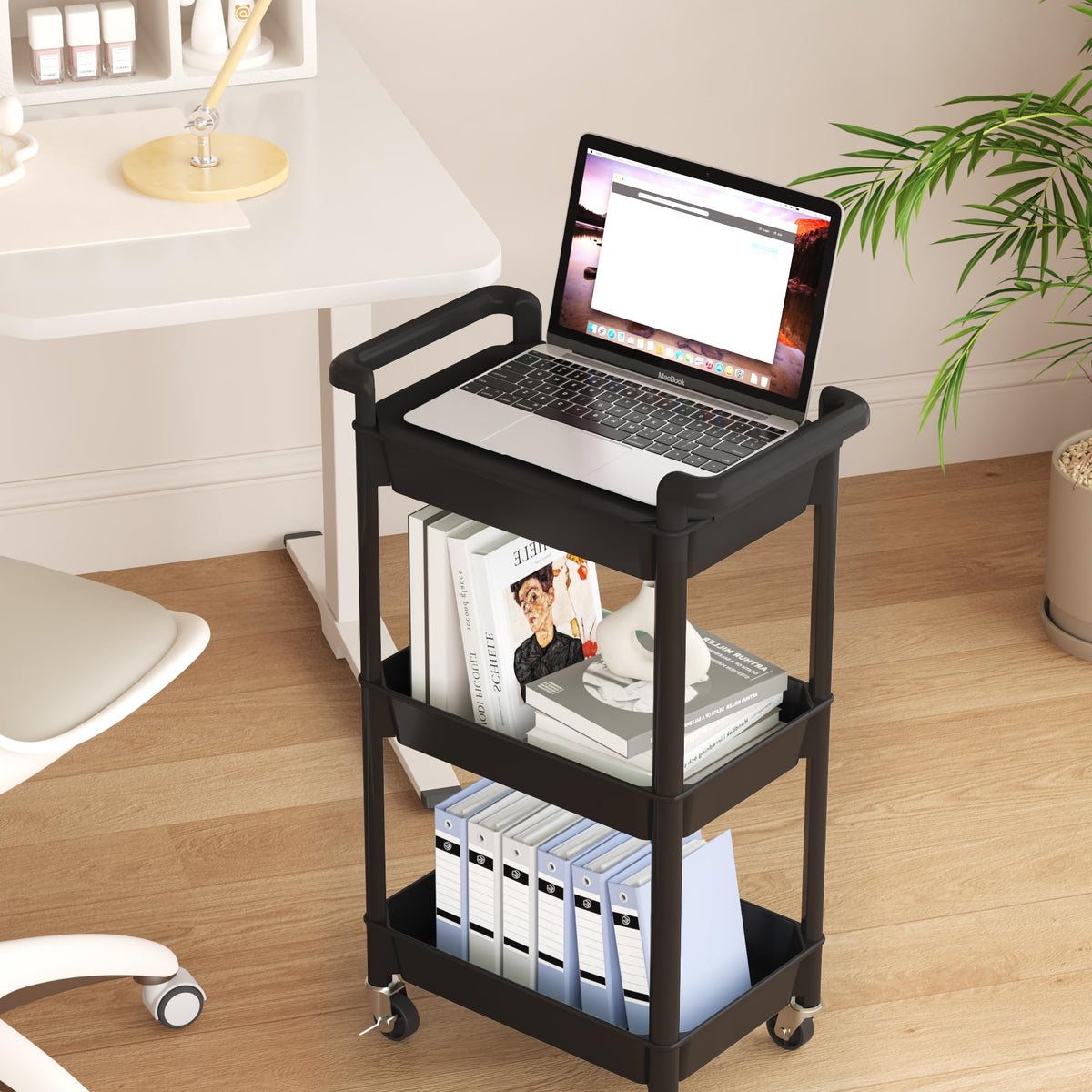MIOCASA Utility Rolling Cart with Cover Top Board, 3-Tier Kitchen Storage Organization, Art Cart with Wheels for Office, Classroom, Livingroom, Kitchen, Bathroom (Black, 3-Tier-Plastic)