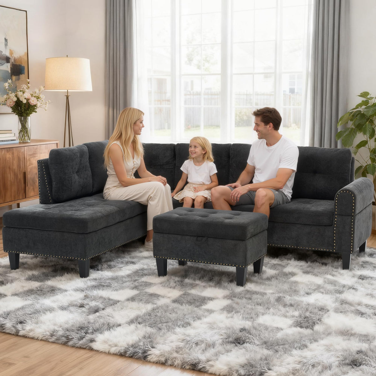 Trygoal L Shaped Couches for Living Room, Sectional Couch Living Room Furniture with Storage Ottoman, Modular Sectional Sofa with Movable Chaise for Apartment Office, Black Grey