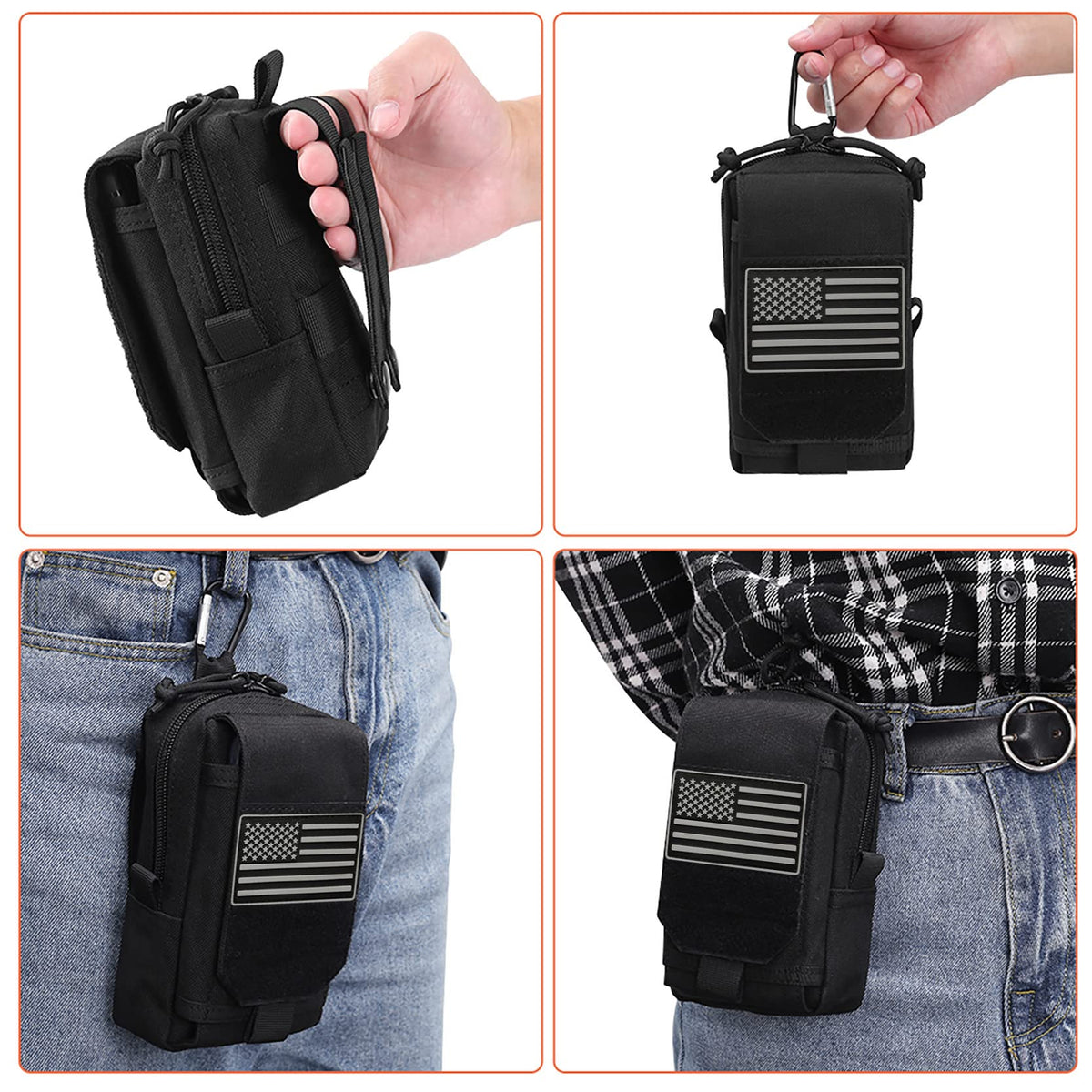 Molle Utility Pouch EDC Cell Phone Pouch for Vests, Tactical Waist Bag for Men Gadget Organizer Pack Purse Mobile Phone Case Hunting Compact Bag U.S.A Patch Carabiner Included, Black