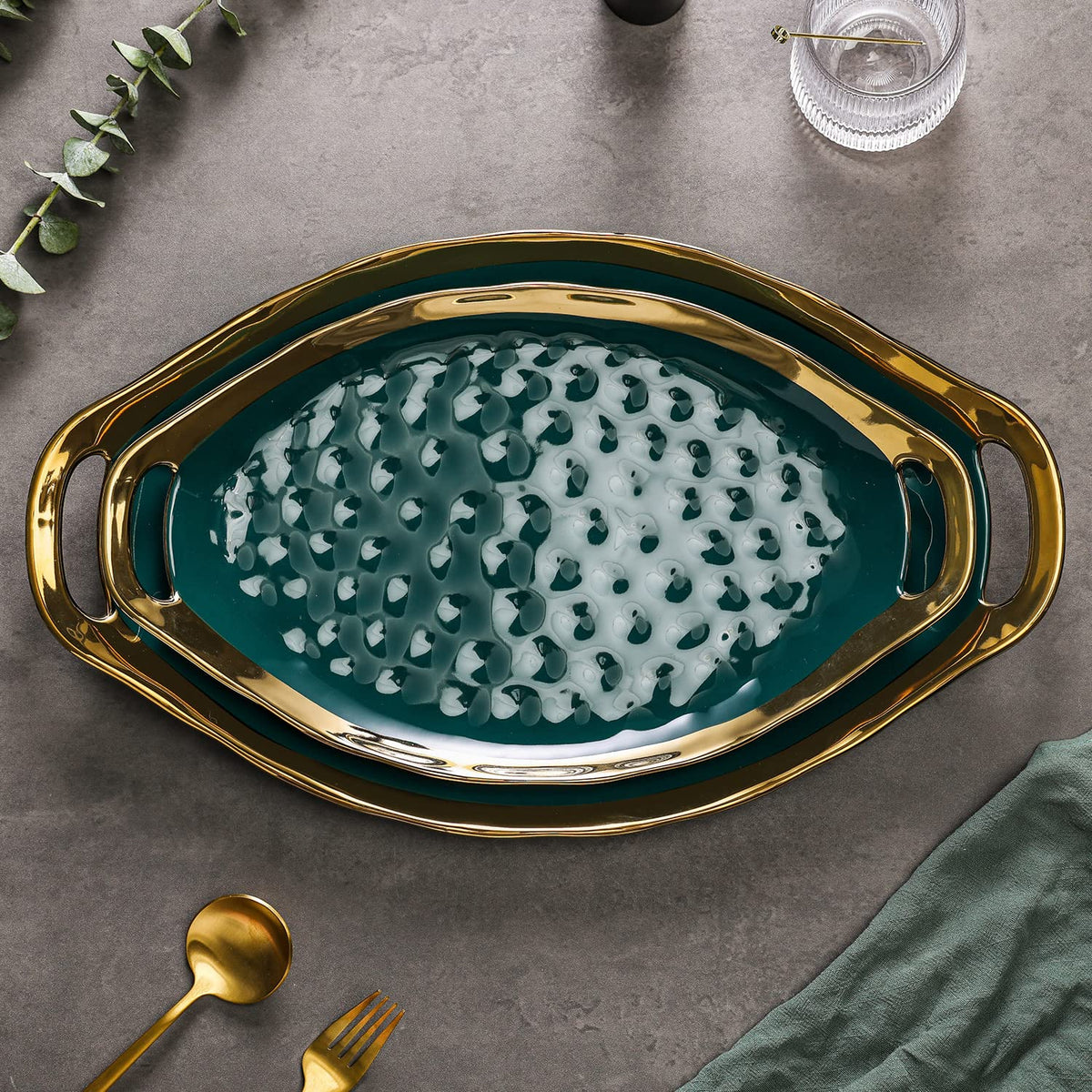 Stone Lain Florian Porcelain Large and Medium Oval Platters with Handle, Service Set, Green with Gold Rim