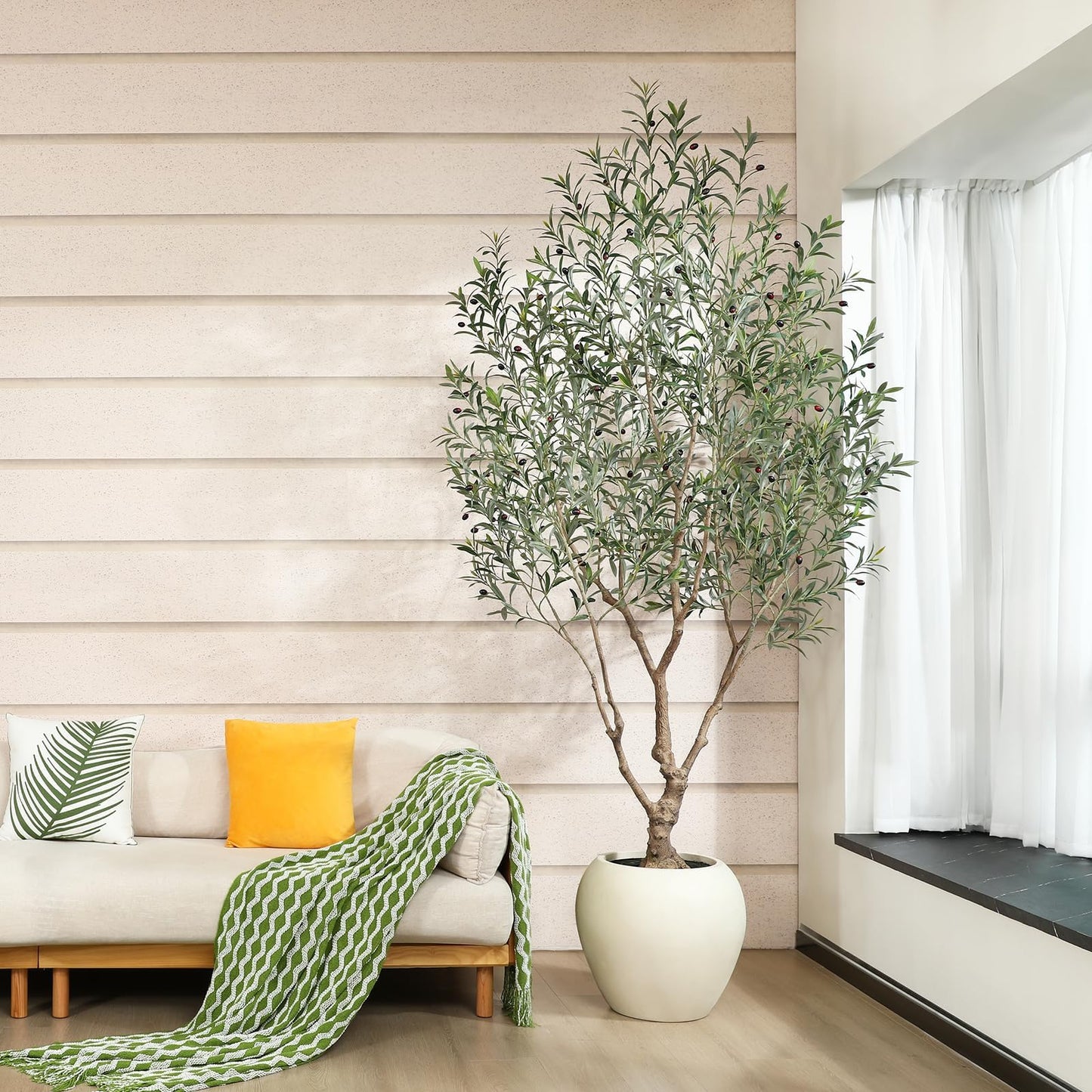 SOGUYI Olive Trees Artificial Indoor, 8 Feet Tall Faux Olive Tree with Round Artisan Planter, Premium Handmade, Realistic Trunk & Lifelike Leaves, Perfect for Large Spaces & Elegant Home/Office Decor