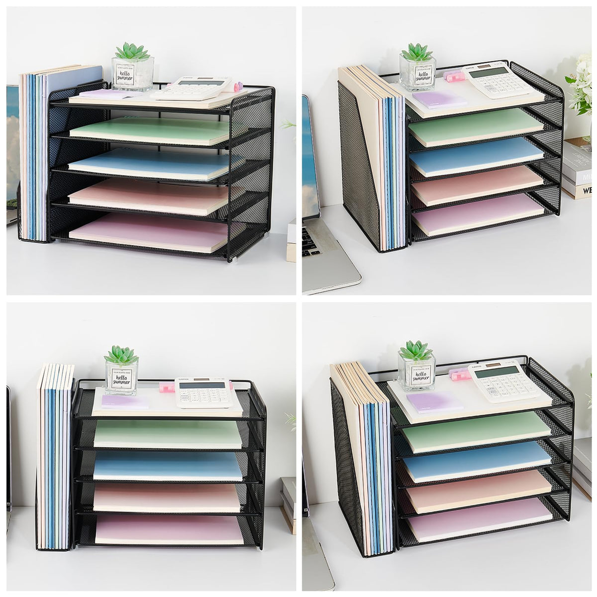 OPNICE Desk Organizer, 5-Tier Paper Organizer Letter Tray with Magazine Holder, Office Desk Accessories & Workspace Organizers, Desktop File Organizer for Office Supplies Storage, Black