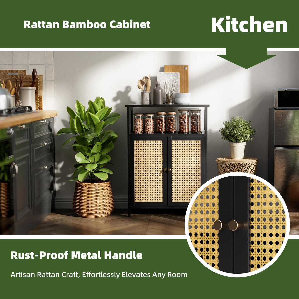 vovala Bamboo Floor Rattan Cabinet, Bathroom Storage Organizer Rack with 2 Doors and 1 Shelf, Space Saving Wood Kitchen Cupboard, Hallway Side Table, Living Room Freestanding Stand (Black)