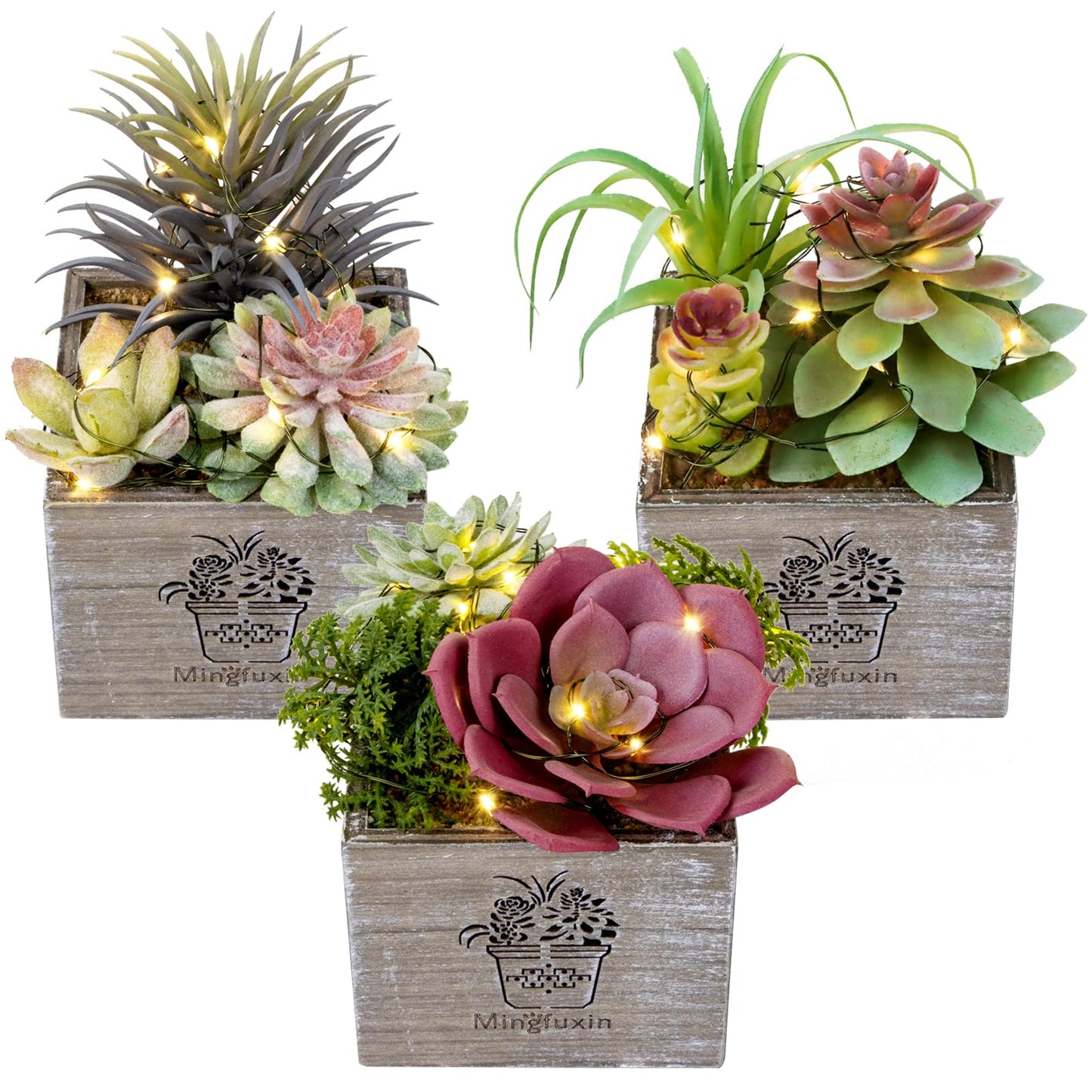 Mingfuxin Small Fake Plants, 3 Packs Mini Succulent Plants Artificial with Led Lights for Indoor Bathroom Bedroom Desk Office Decor