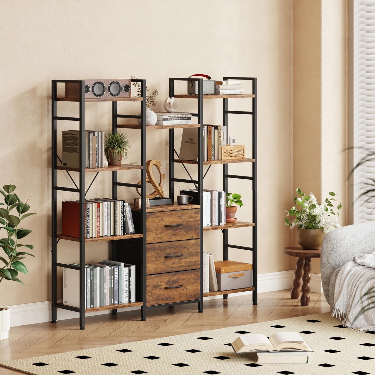 AFLUI Triple Bookshelf with 3 Fabric Drawers, 4-Tier Book Shelf and 10 Display Shelves, Industrial Large Bookcase for Home & Office, Rustic Brown, 47'' Wide
