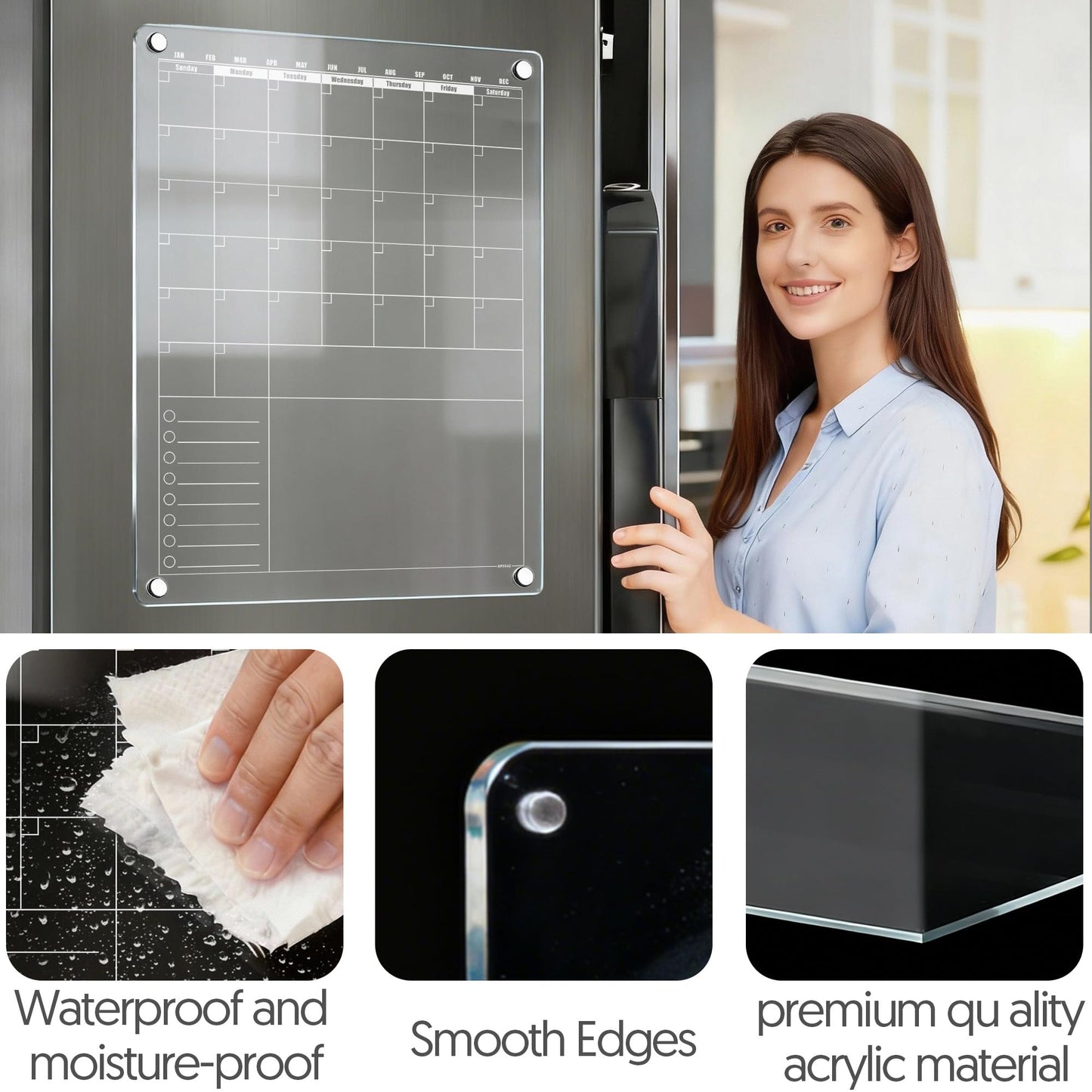 Acrylic Magnetic Dry Erase Calendar for Fridge Clear Vertical Monthly Whiteboard Planner Erasable Planning Board White 16" x 12" w/ 6 Color Wet Erase Marker