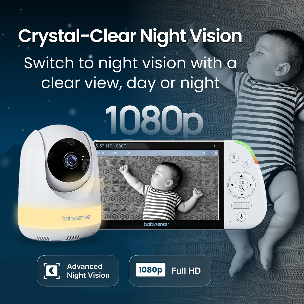 Babysense PRO Full HD 5.5" Split Screen Baby Monitor with 2 Cameras, 6-Color Night Light, White Noise, Sound & Light Machine, 20-Hour Battery, Hack-Proof Non-WiFi Secure Connection