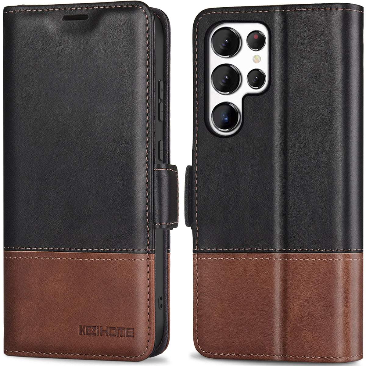 KEZiHOME for Samsung Galaxy S24 Ultra Case, Genuine Leather [RFID Blocking] Galaxy S24 Ultra Wallet Case, Card Slot Kickstand Protective Phone Cover Compatible with Samsung S24 Ultra (Black/Brown)