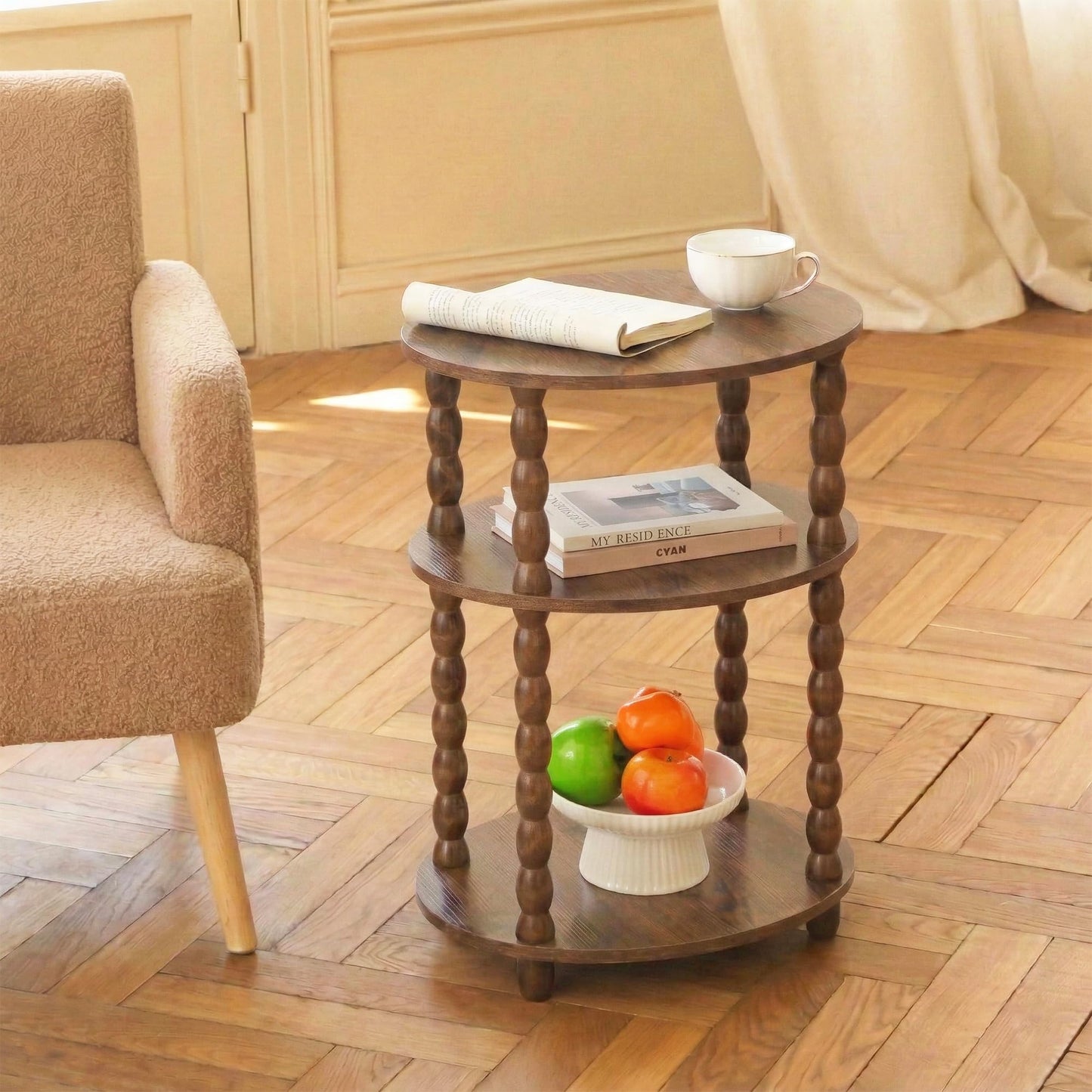 3-Tier Oval Side Table with Solid Wood Legs, Small End Table with Storage Shelves for Living Room Bedroom, Modern Night Stand Accent Table for Small Spaces, Easy Assembly
