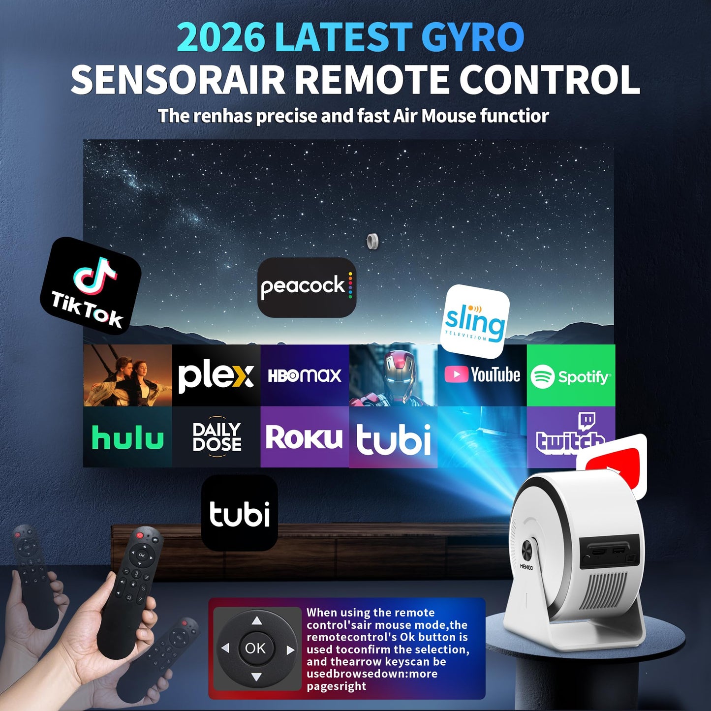 Mini Projector 4K 1080P [Built-in Apps] 2026 Upgraded Projector Portable, Auto Focus & Auto Keystone 360° Rotatable, with WiFi 6 & Bluetooth 5.4 Compatible with HDMI/TV Stick/USB/Laptop,White