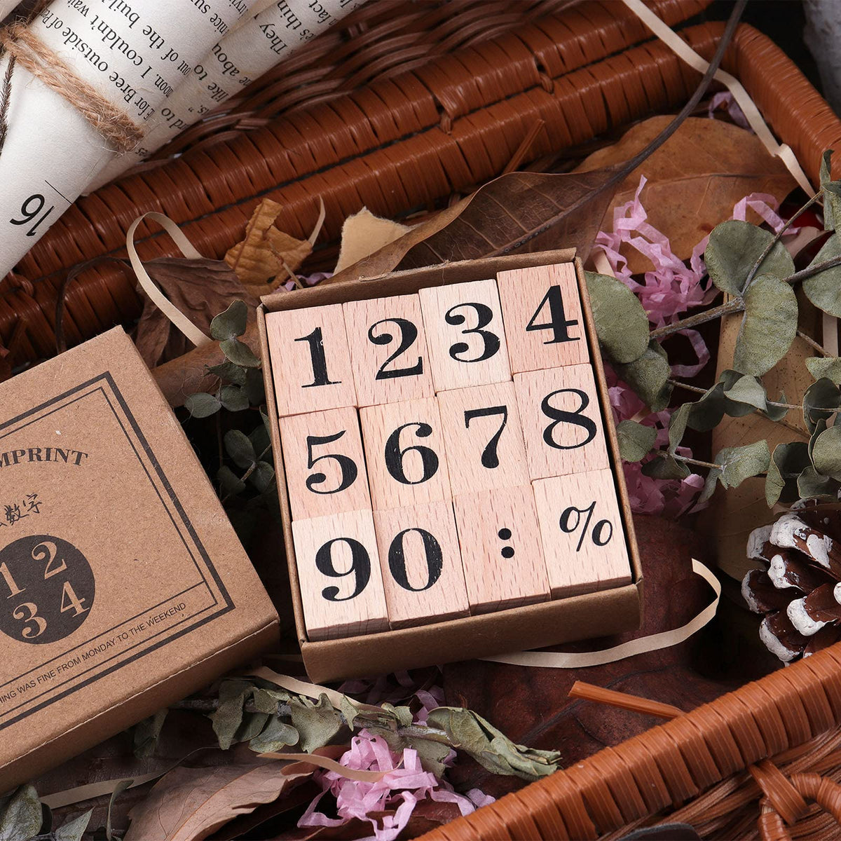 Dizdkizd 12 Pieces Wooden Rubber Stamps, Small Number 0-9 Decorative Multipurpose Wood Mounted Rubber Stamp Set for DIY Craft, Letters Diary and Craft Scrapbooking