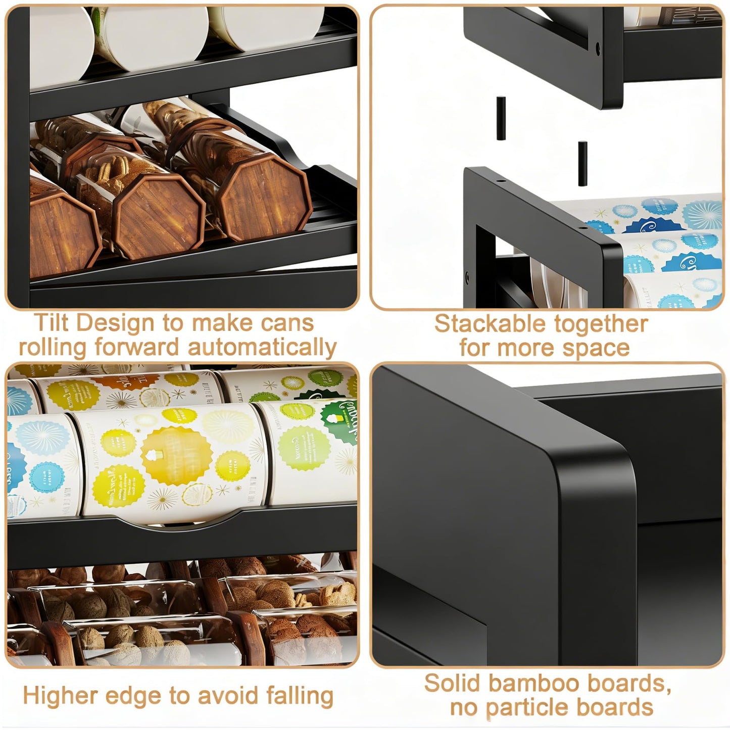 BAMBANG Can Organizer for Pantry, Detachable Bamboo 4 Tier Stackable Can Storage Rack, Rolling Soda Can Dispenser Can Holders for Cabinet, Holds Up to 48 Cans, Black