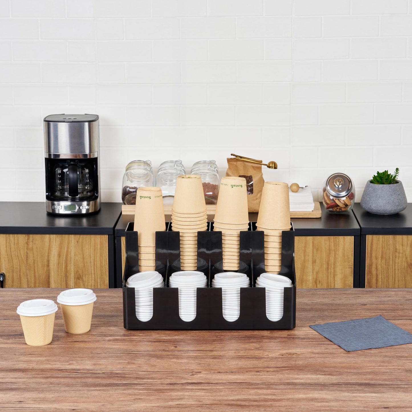 Restaurantware Restpresso Coffee Bar Organizer, 1 Count Durable 8 Compartments, Compact Size, Black Plastic Tabletop Coffee Supplies Organizer For Homes, Office Spaces, Breakrooms, and Lounges