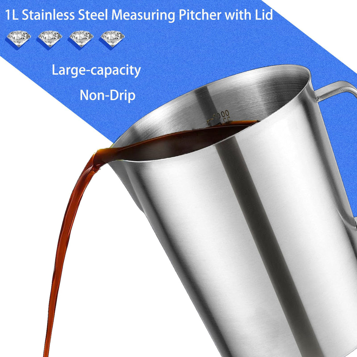 Stainless Steel Measuring Pitcher with Lid, 32 oz / 1L Large Metal Jug with Handle & Dual Scales, Wide Mouth Graduated Cup for Milk Frothing, Iced Tea, Espresso, Hot & Cold Water