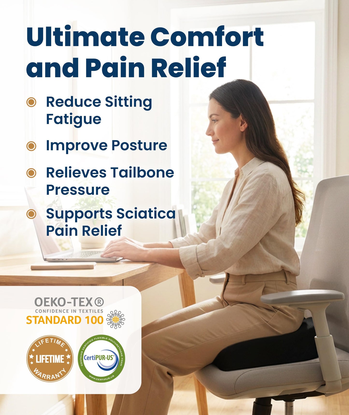 Everlasting Comfort Doctor Recommended Memory Foam Seat Cushion for Office Chairs & Car - Ergonomic Office Desk Accessories - Cushions for Tailbone Pain Relief, Sciatica (Black, XX-Large)