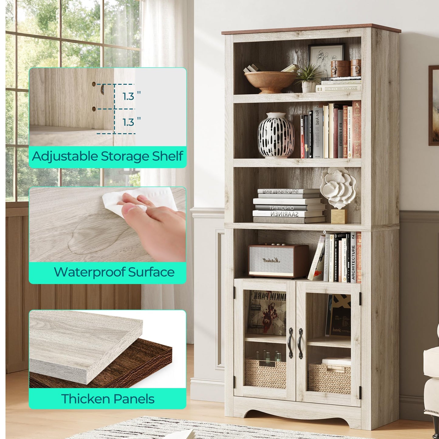 LINSY Bookshelf with Doors, 6 Shelf Bookcase Tall Bookshelves, 73" Farmhouse Book Shelf with Storage Cabinet, Wood Book Shelves for Living Room, Bedroom, Office, Rustic White