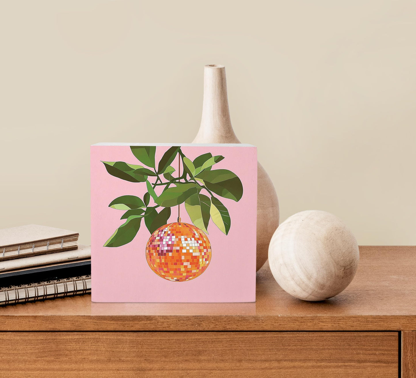 Ku-Dayi Preppy Orange Disco Ball Wooden Box Sign, Funky Disco Ball Wood Box Decorations for Girls Room Home Office, Pink Fruit Mirror Balls Wooden Block Plaque Desk Shelf Decor 5x5 Inch