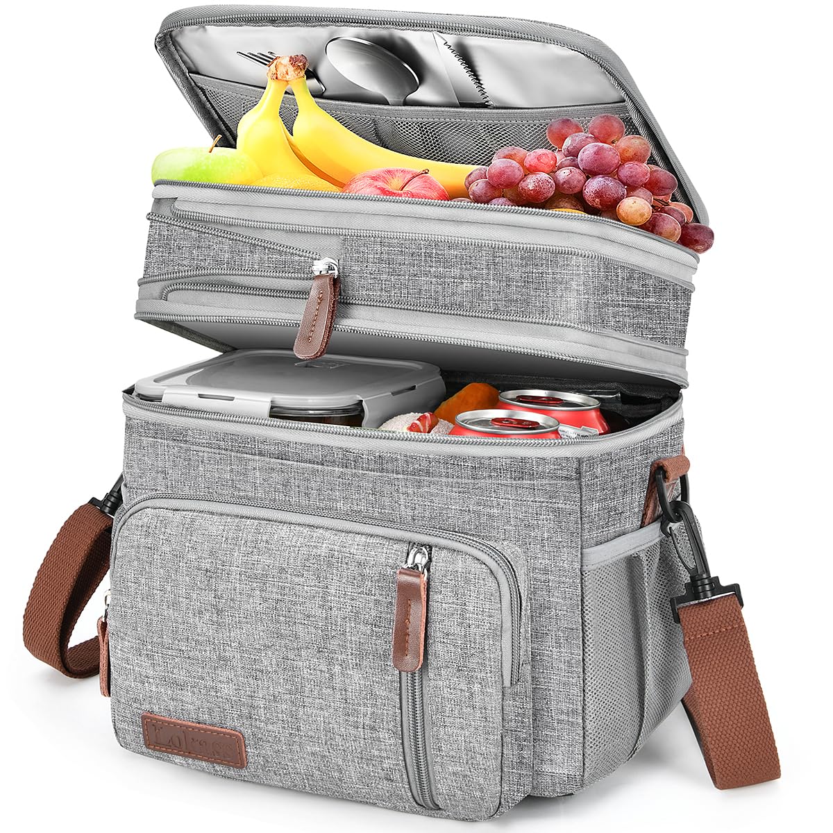 Lunch Box & Lunch Bag for Women Men, Expandable Large Insulated Adult Lunch Bag with Strap, Double Deck Leakproof Lunchbox Durable Cooler Bags for Work Picnic Beach,16L, Gray