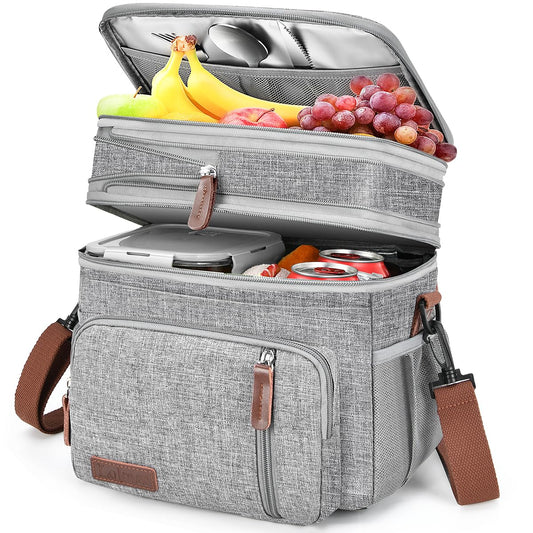 Lunch Box & Lunch Bag for Women Men, Expandable Large Insulated Adult Lunch Bag with Strap, Double Deck Leakproof Lunchbox Durable Cooler Bags for Work Picnic Beach,16L, Gray