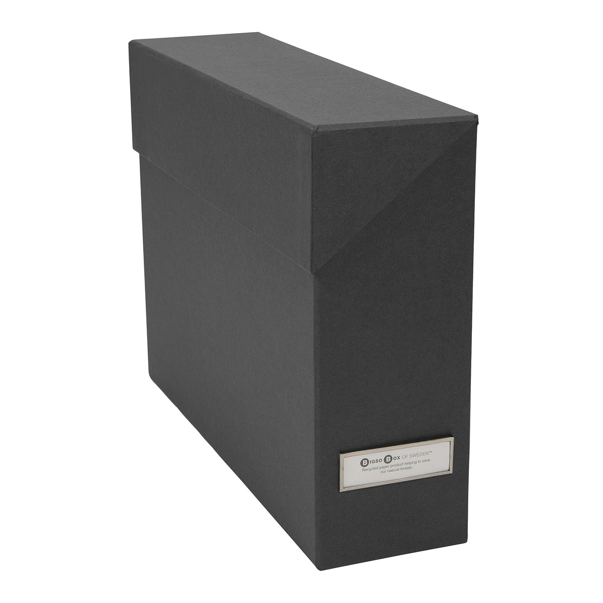 Bigso Lovisa Fiberboard Label Frame 12 File Storage Box - Document Organizer for Important Paperwork - Durable Hanging File Box w/Flip Top Lid & Metal Label Window - 3.7in x 13in x 9.4in - Dark Grey