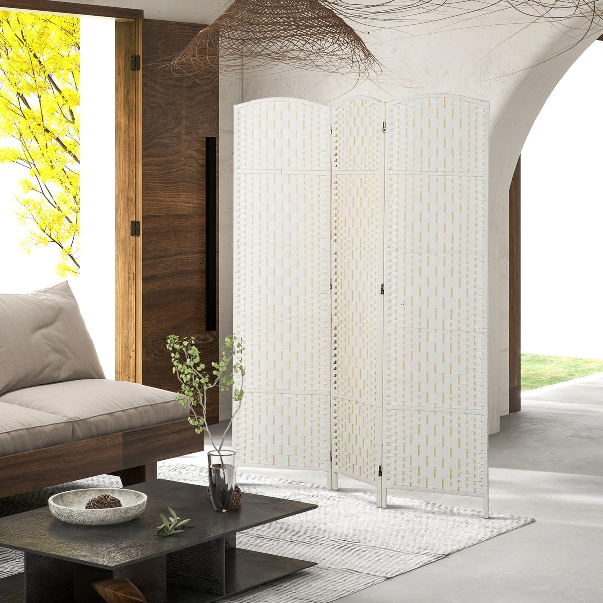 HOMCOM Room Divider 3 Panel, 6FT Tall Folding Privacy Screen, Freestanding Hand-Woven Partition for Room Separation with 360° Hinges, Paper Rope Diamond Weave, White